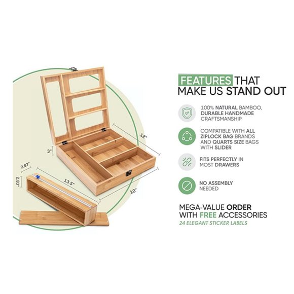 Panoi Bamboo Ziplock Bag Storage Organizer Set & Wrap Dispenser w/ Slide Cutter - Picture 8 of 8